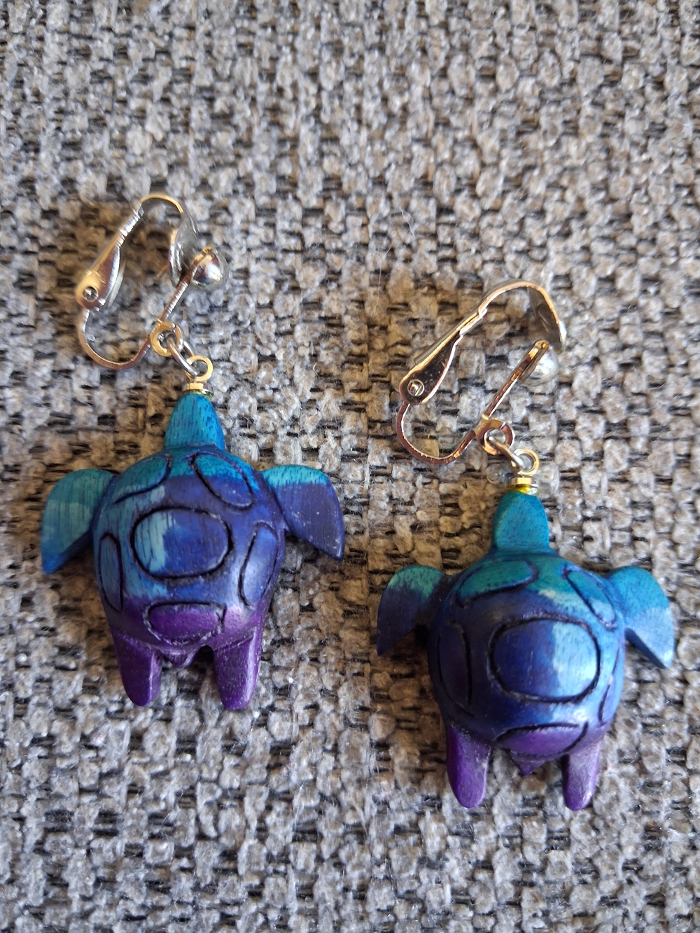 Handcrafted Turtle Clip-On Earrings - Blue & Purple